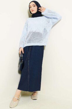 Alternative view of Diamond Pattern Openwork Knit Sweater Baby Blue