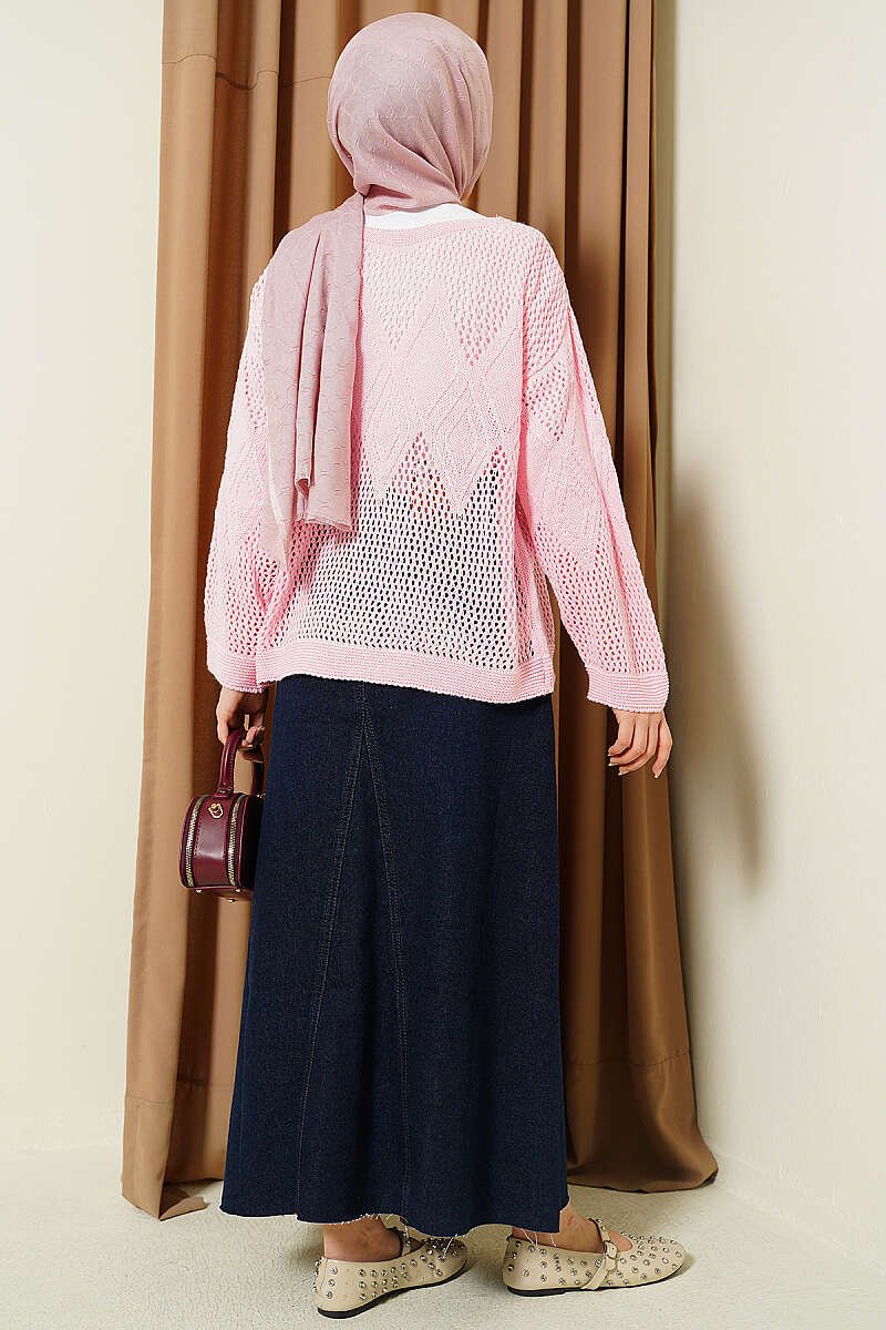 Diamond Pattern Openwork Knit Sweater Pink – Bild 3