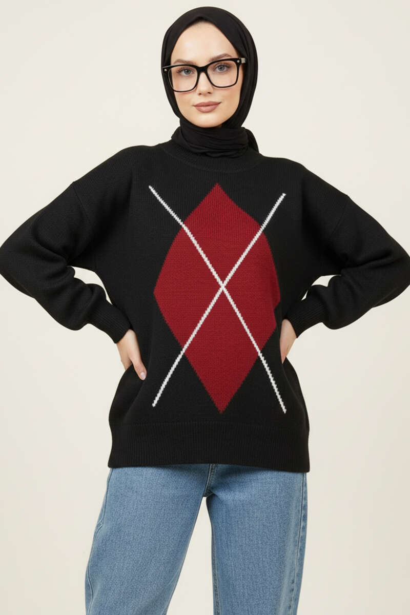 Diamond Pattern French Terry Sweater Black