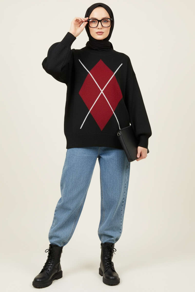Diamond Pattern French Terry Sweater Black - Image 2