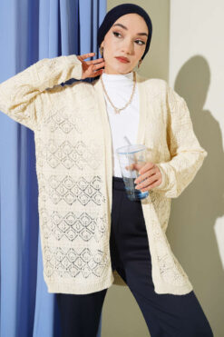 Diamond Pattern Openwork Knit Cardigan Beige