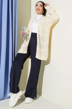 Alternative view of Diamond Pattern Openwork Knit Cardigan Beige