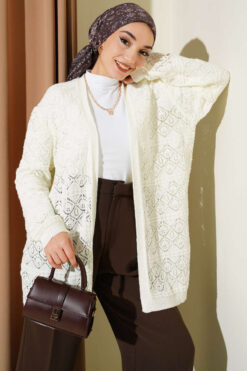 Diamond Pattern Openwork Knit Cardigan Ecru