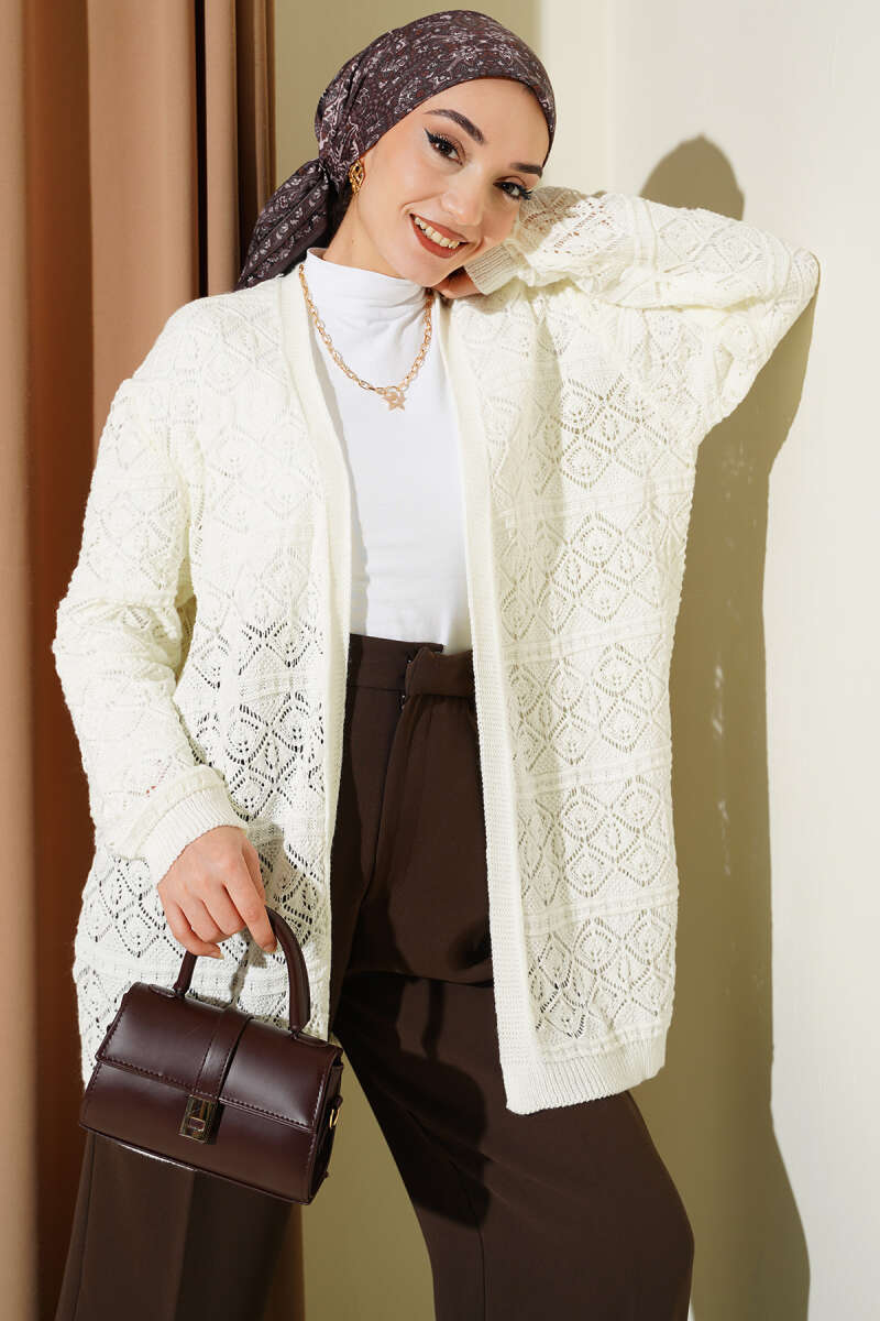 Diamond Pattern Openwork Knit Cardigan Ecru