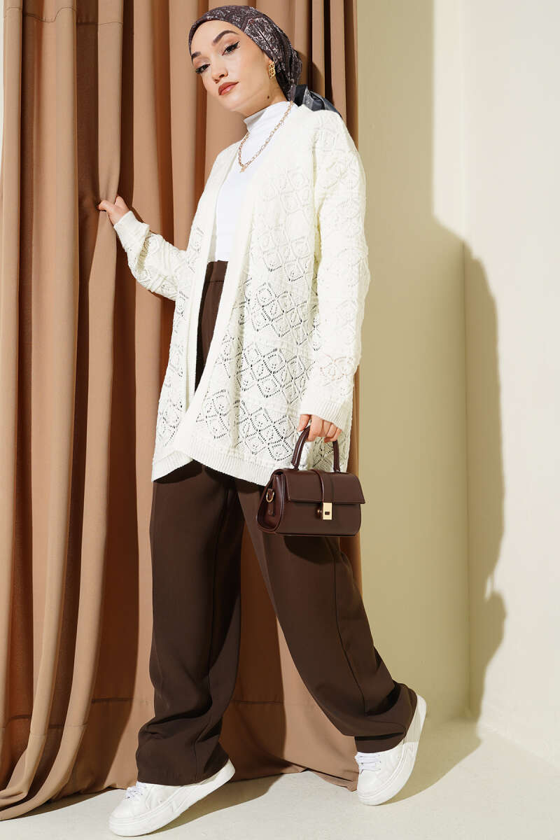 Diamond Pattern Openwork Knit Cardigan Ecru - Imagen 2