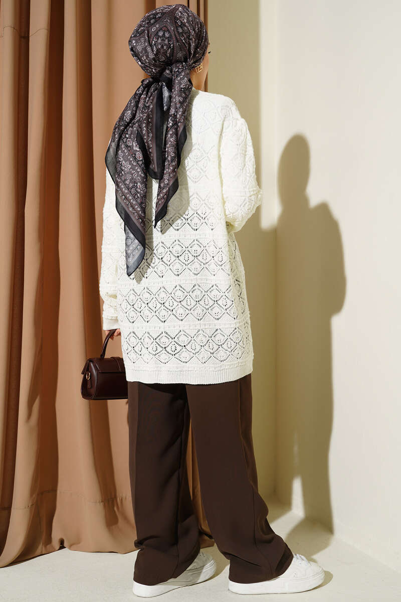 Diamond Pattern Openwork Knit Cardigan Ecru - Imagen 3