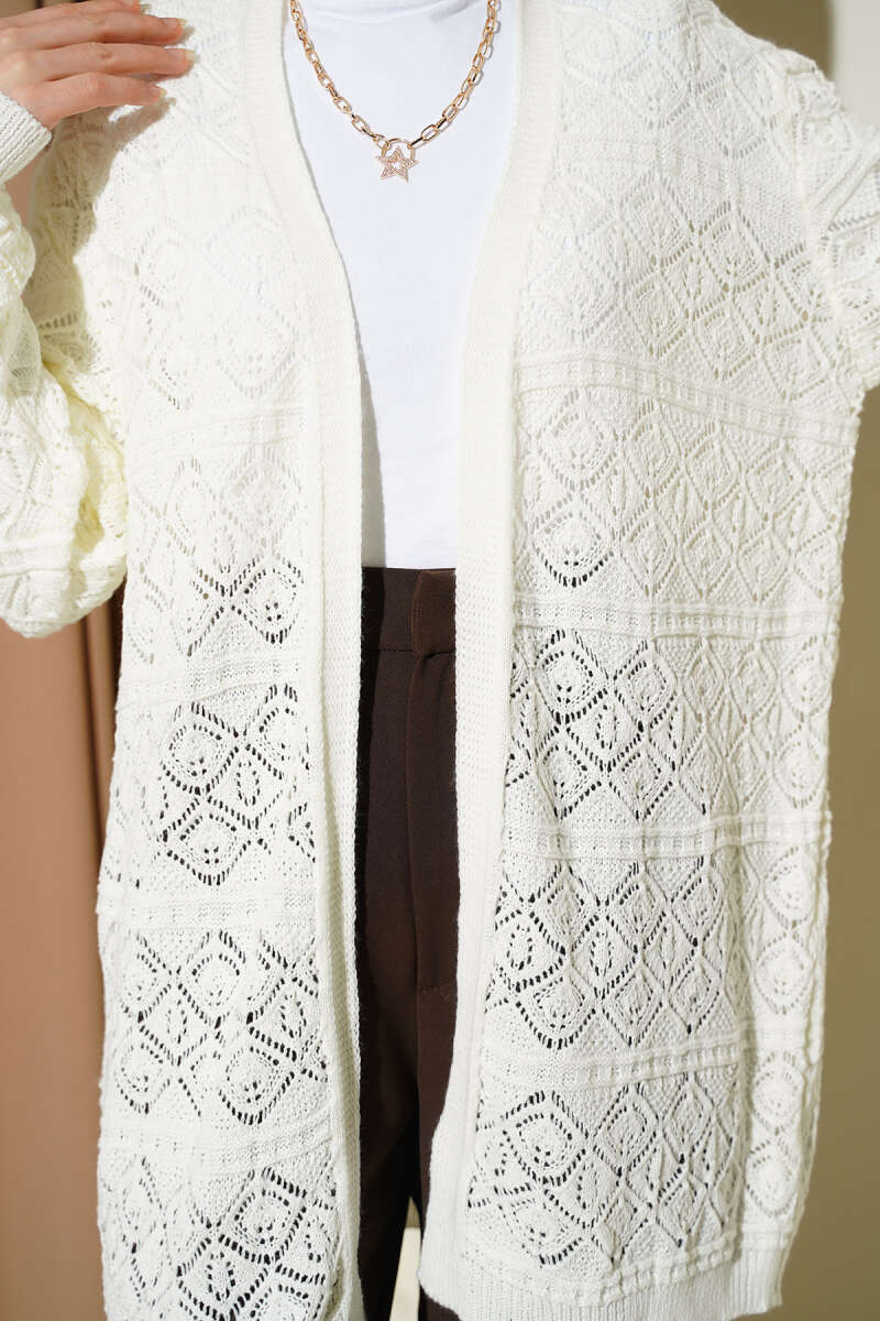 Diamond Pattern Openwork Knit Cardigan Ecru - Imagen 4