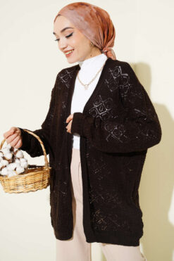 Diamond Pattern Openwork Knit Cardigan Brown