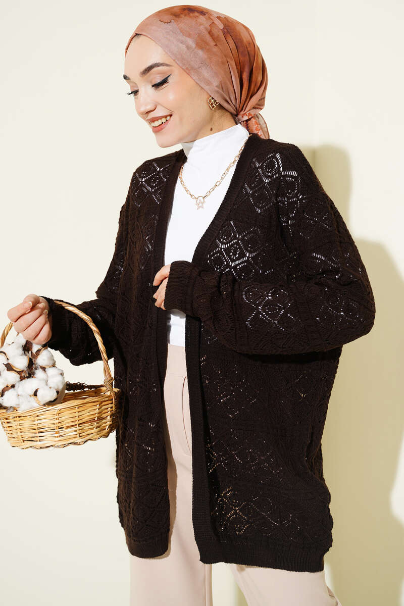 Diamond Pattern Openwork Knit Cardigan Brown