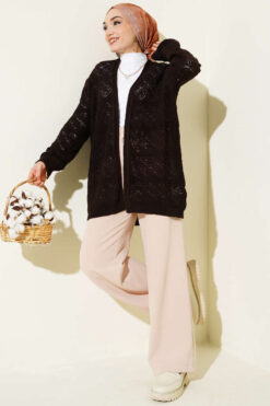Alternative view of Diamond Pattern Openwork Knit Cardigan Brown