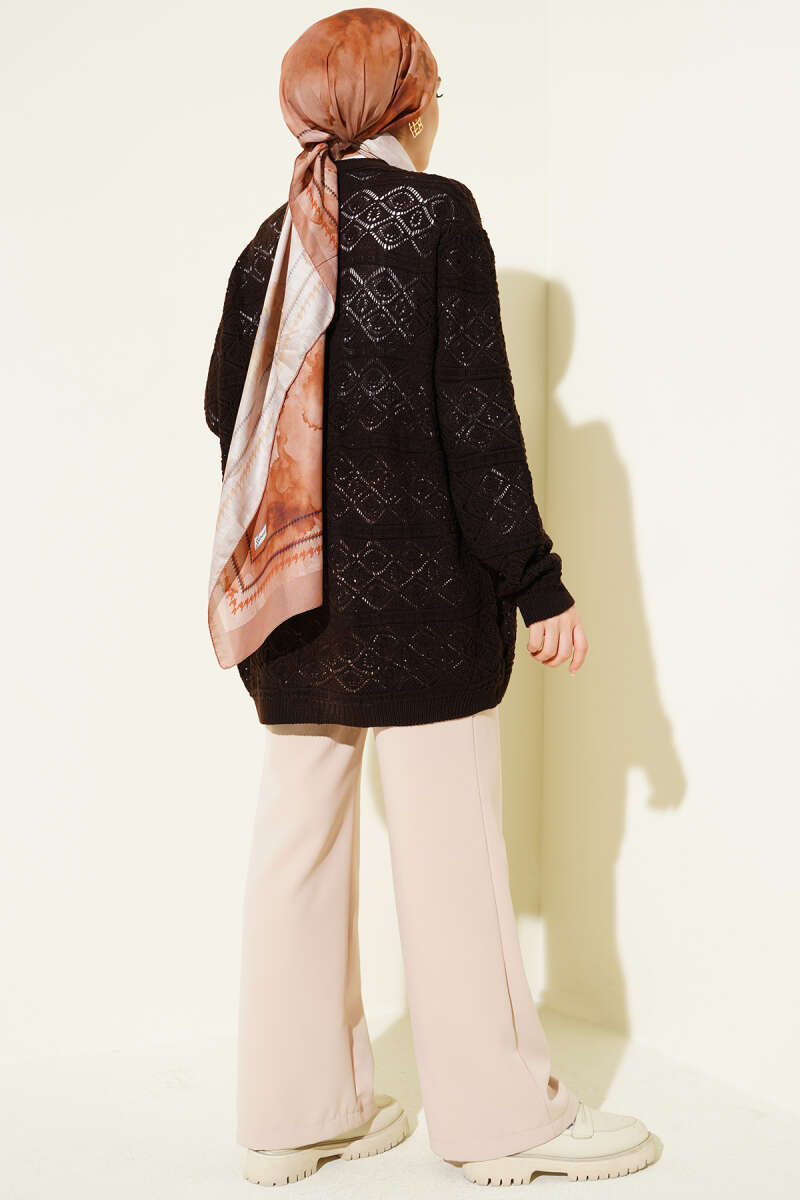 Diamond Pattern Openwork Knit Cardigan Brown - Afbeelding 3