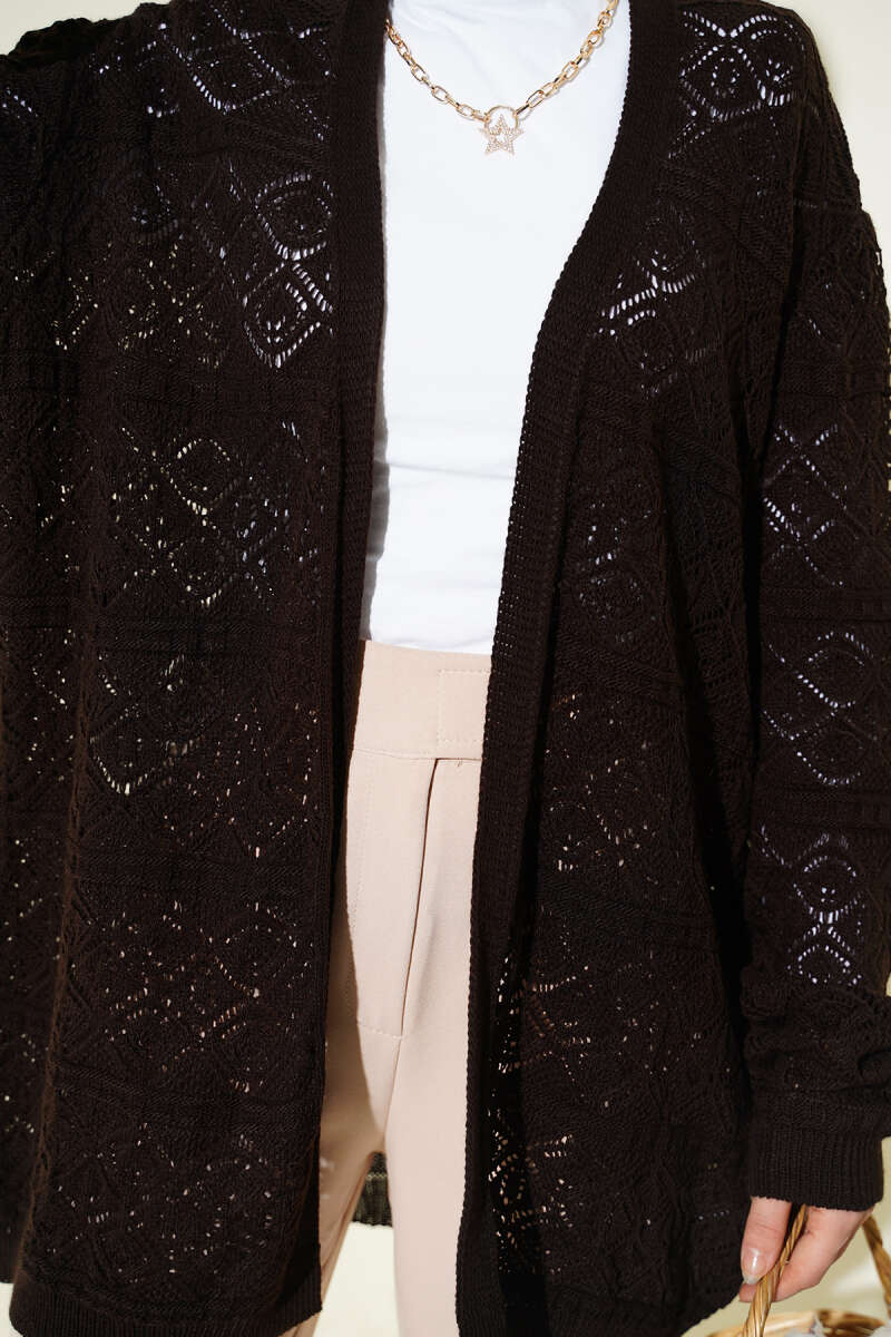 Diamond Pattern Openwork Knit Cardigan Brown - Afbeelding 4