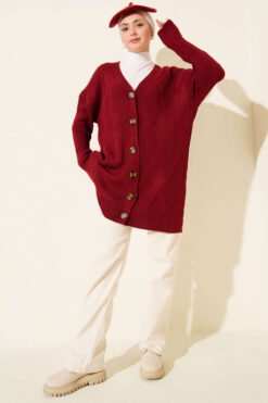 Alternative view of Textured Diamond Pattern Button-Up Knit Cardigan Burgundy