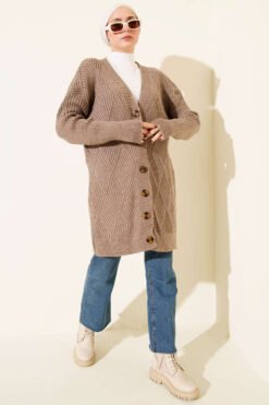 Alternative view of Textured Diamond Pattern Button-Up Knit Cardigan Latte