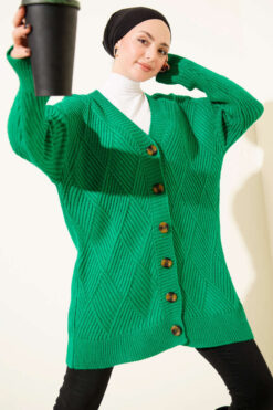 Alternative view of Textured Diamond Pattern Button-Up Knit Cardigan Green