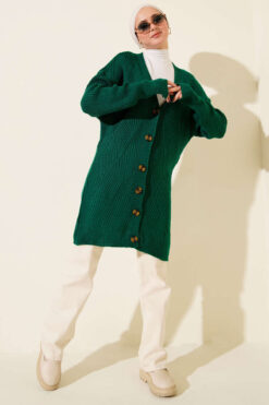 Alternative view of Textured Diamond Pattern Button-Up Knit Cardigan Emerald