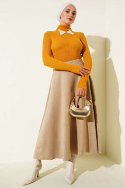 Alternative view of Fisherman Neck Fingerless Knit Sweater Mustard