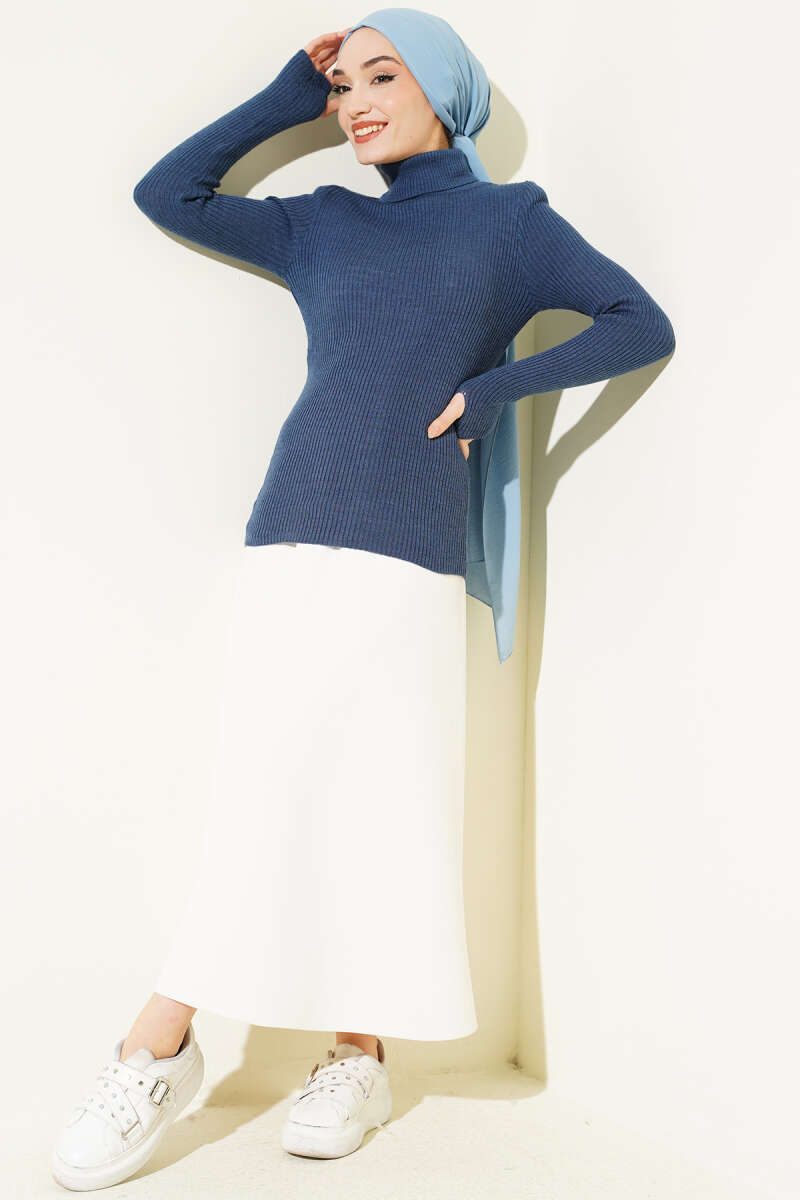 Fisherman Neck Fingerless Knit Sweater Indigo - immagine 2