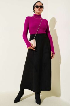 Alternative view of Fisherman Neck Fingerless Knit Sweater Purple