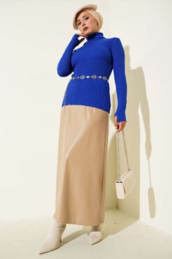 Alternative view of Fisherman Neck Fingerless Knit Sweater Saxon Blue