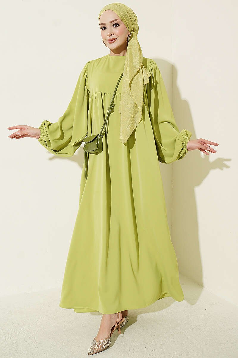 Balloon Sleeve Anklet Cuff Dress Oil Green