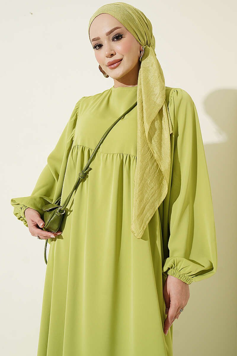 Balloon Sleeve Anklet Cuff Dress Oil Green - Image 2
