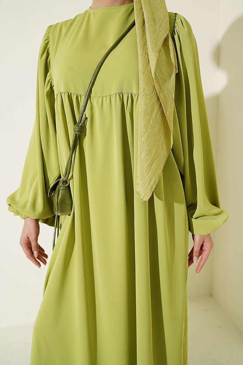 Balloon Sleeve Anklet Cuff Dress Oil Green - Image 4