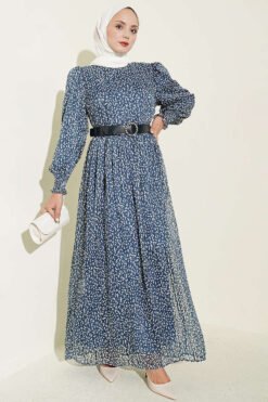 Balloon Sleeve Printed Chiffon Dress Blue
