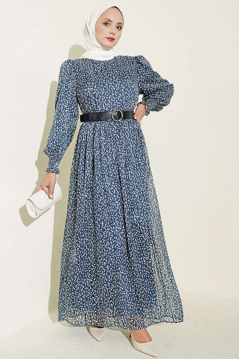 Balloon Sleeve Printed Chiffon Dress Blue