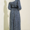 Balloon Sleeve Printed Chiffon Dress Blue - Image 3
