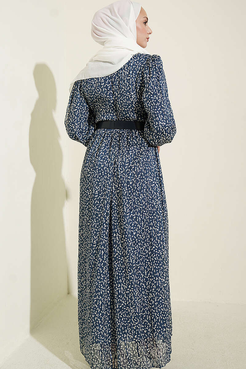 Balloon Sleeve Printed Chiffon Dress Blue - Image 3