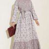 Balloon Sleeve Ruffled Gathered Dress Grey