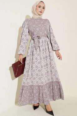 Balloon Sleeve Ruffled Gathered Dress Grey