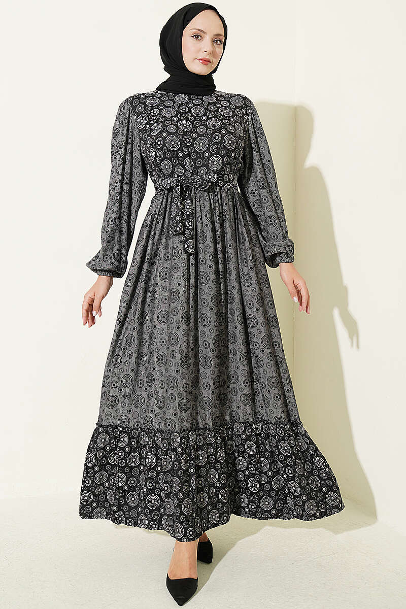 Balloon Sleeve Ruffled Gathered Dress Black