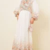 Balloon Sleeve Floral Print Chiffon Dress Ecru