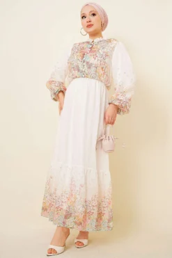 Balloon Sleeve Floral Print Chiffon Dress Ecru