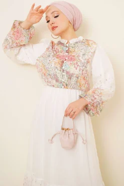 Alternative view of Balloon Sleeve Floral Print Chiffon Dress Ecru