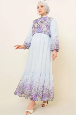 Balloon Sleeve Floral Print Chiffon Dress Blue