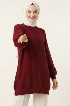 Balloon Sleeve Embellished Knit Tunic Burgundy