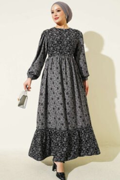 Balloon Sleeve Ruffled Gathered Dress Smoke