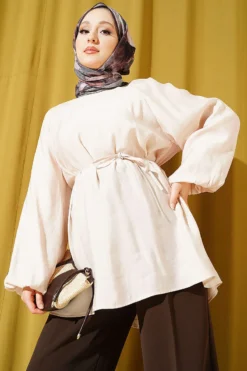 Balloon Sleeve Tensile Belted Tunic Beige