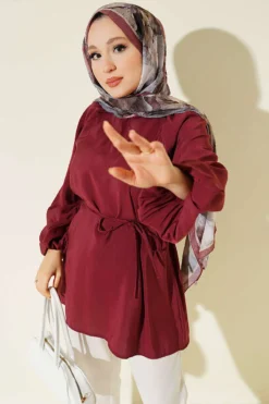Balloon Sleeve Tensile Belted Tunic Burgundy