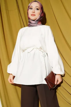 Balloon Sleeve Tensile Belted Tunic Ecru