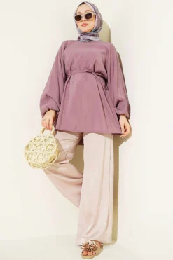 Vue alternative de Balloon Sleeve Tensile Belted Tunic