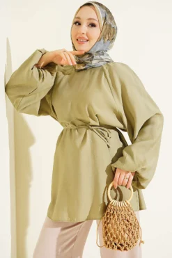 Balloon Sleeve Tensile Belted Tunic Khaki
