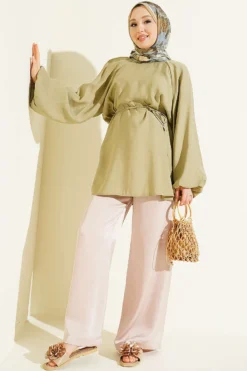 Vue alternative de Balloon Sleeve Tensile Belted Tunic Khaki