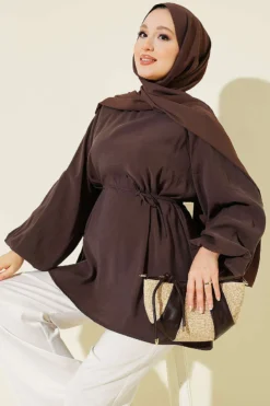 Balloon Sleeve Tensile Belted Tunic Brown