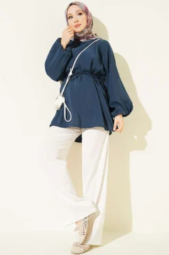 Vue alternative de Balloon Sleeve Tensile Belted Tunic Navy Blue