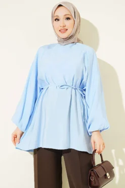 Balloon Sleeve Tensile Belted Tunic Blue