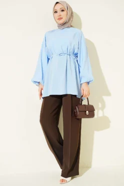 Vue alternative de Balloon Sleeve Tensile Belted Tunic Blue
